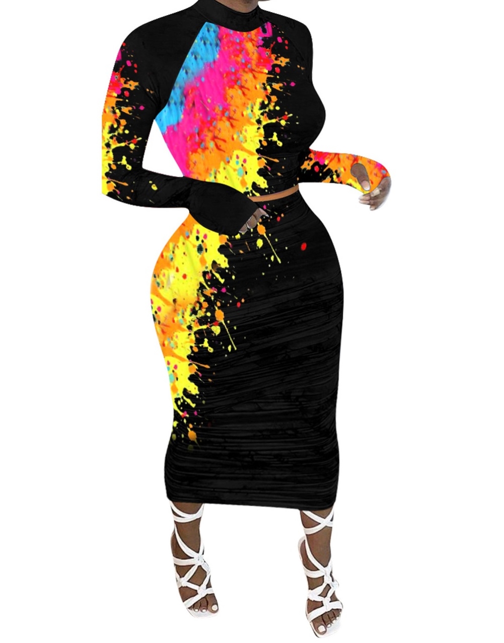 Sexy Matching Colorful Long Sleeve Skirt and Pencil Skirt Set