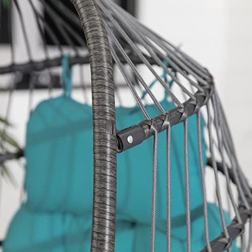 Walker Edison Carmel Modern Rattan Hanging Egg Swing Chair with Stand, 78 Inch, Grey and Teal