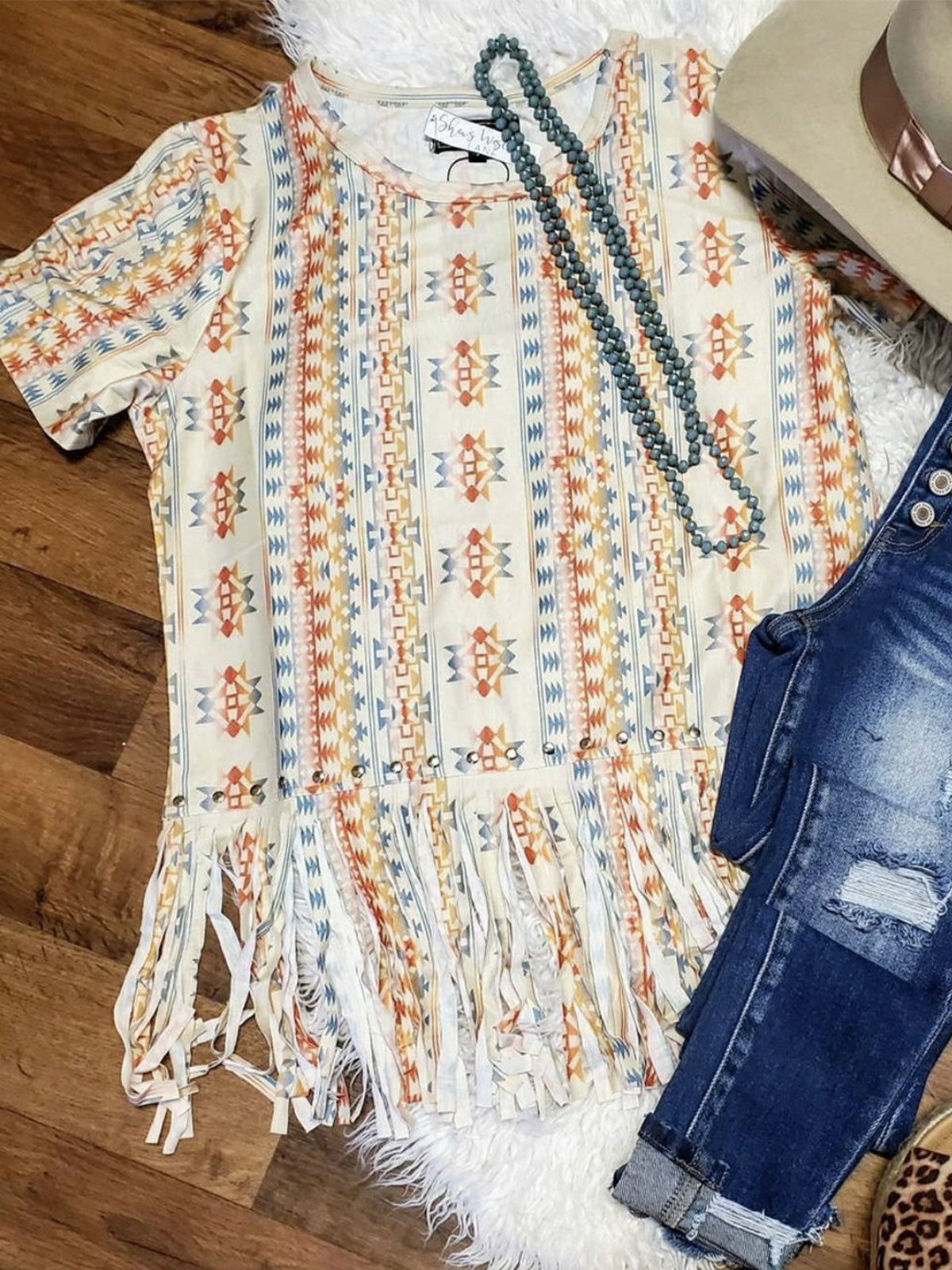 Crew Neck Geometric Short Sleeve Floral-Print Shirts & Tops