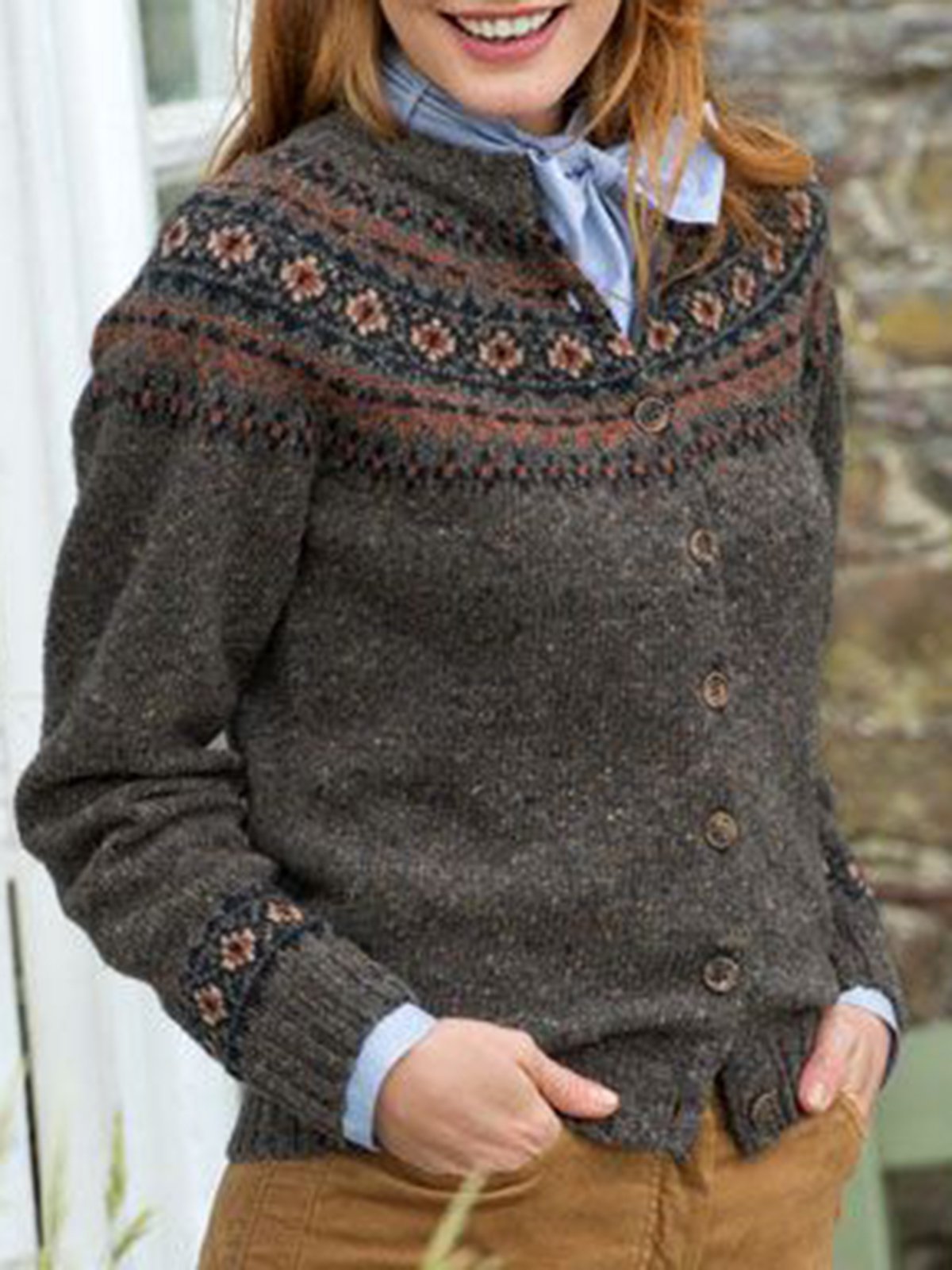 Color-Block Cotton Vintage Long Sleeve Cardigan