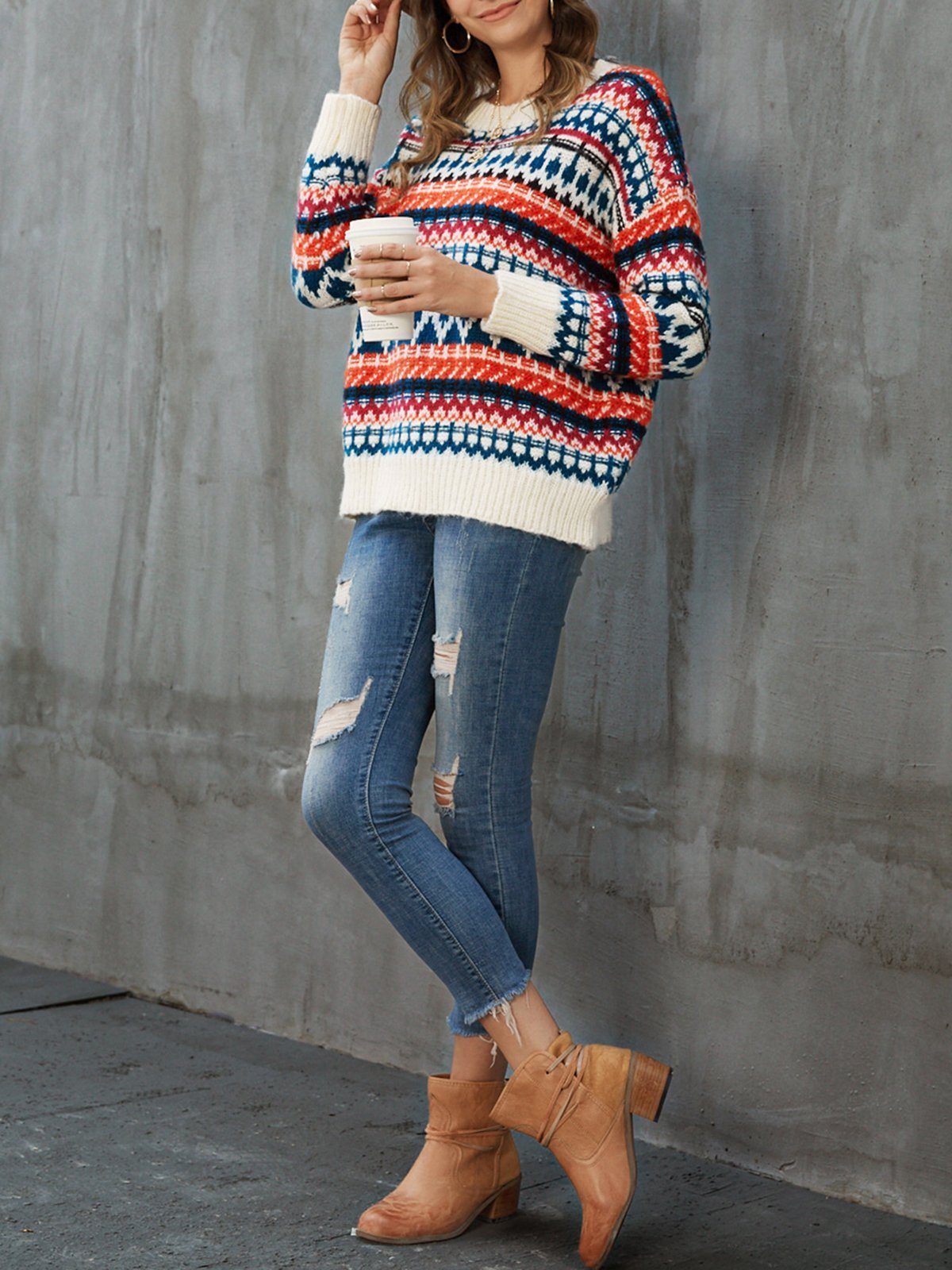 White Casual Tribal Sweater