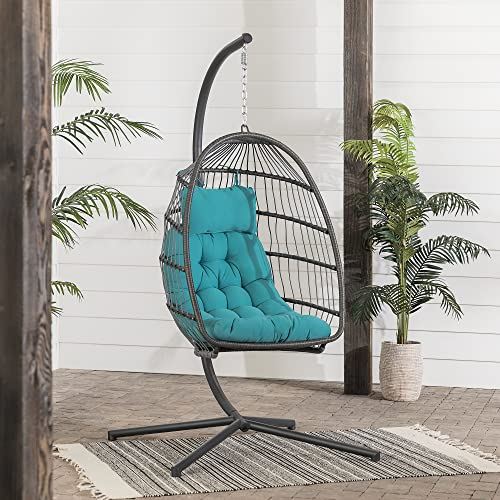 Walker Edison Carmel Modern Rattan Hanging Egg Swing Chair with Stand, 78 Inch, Grey and Teal