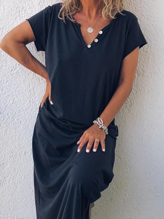 Plus Size Casual Solid V Neck Short Sleeve Dresses