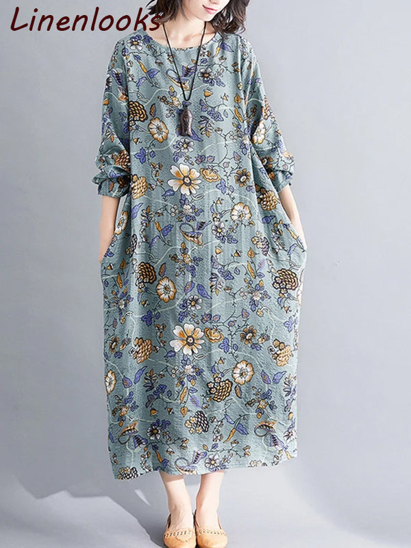 Autumn cotton linen vintage floral long sleeve women loose dress