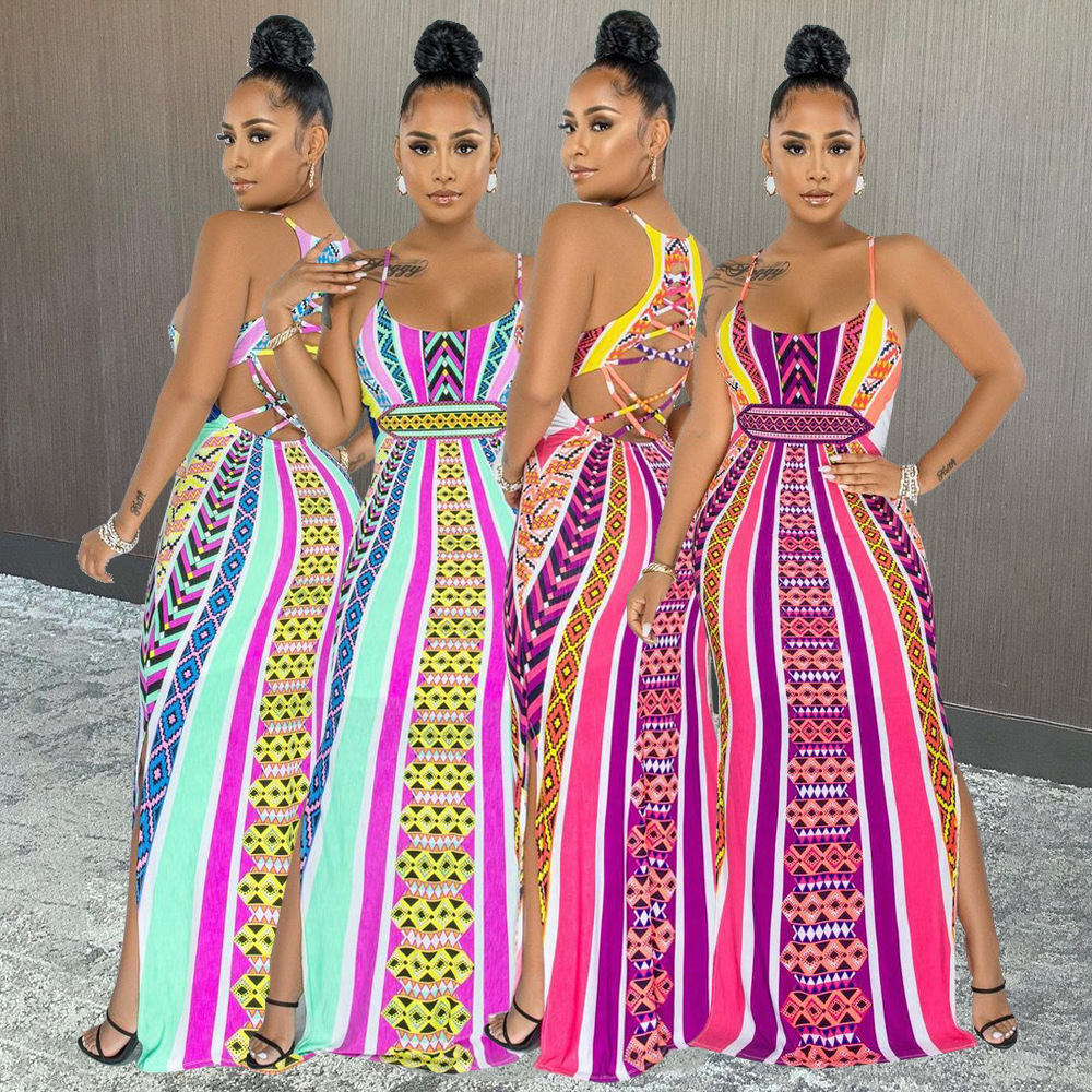 Digital print long sling bag hip dress YS070