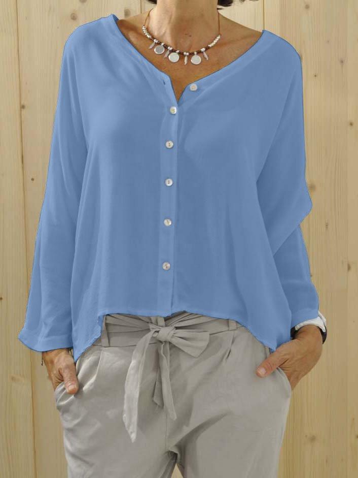 Plus Size Solid Long Sleeve Buttoned  V Neck Shirts & Tops