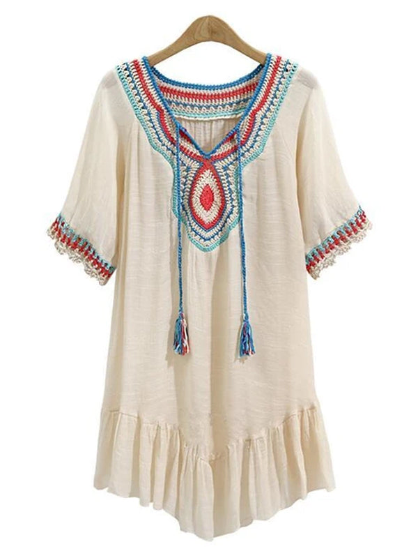 Vintage Short Sleeve V Neck Casual Women Dress