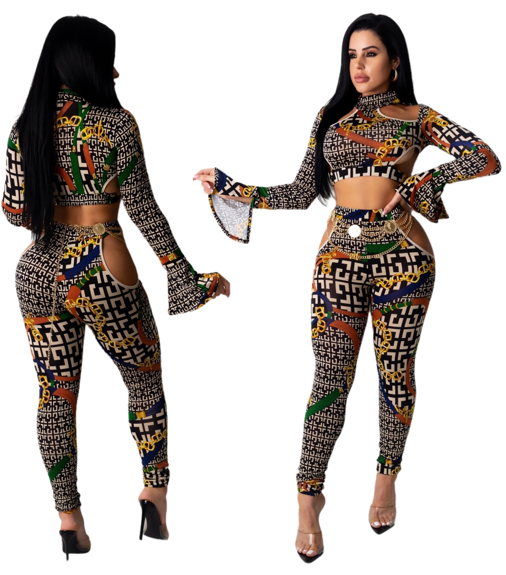 Print Retro African Long Sleeve Crop Top and Pants Set