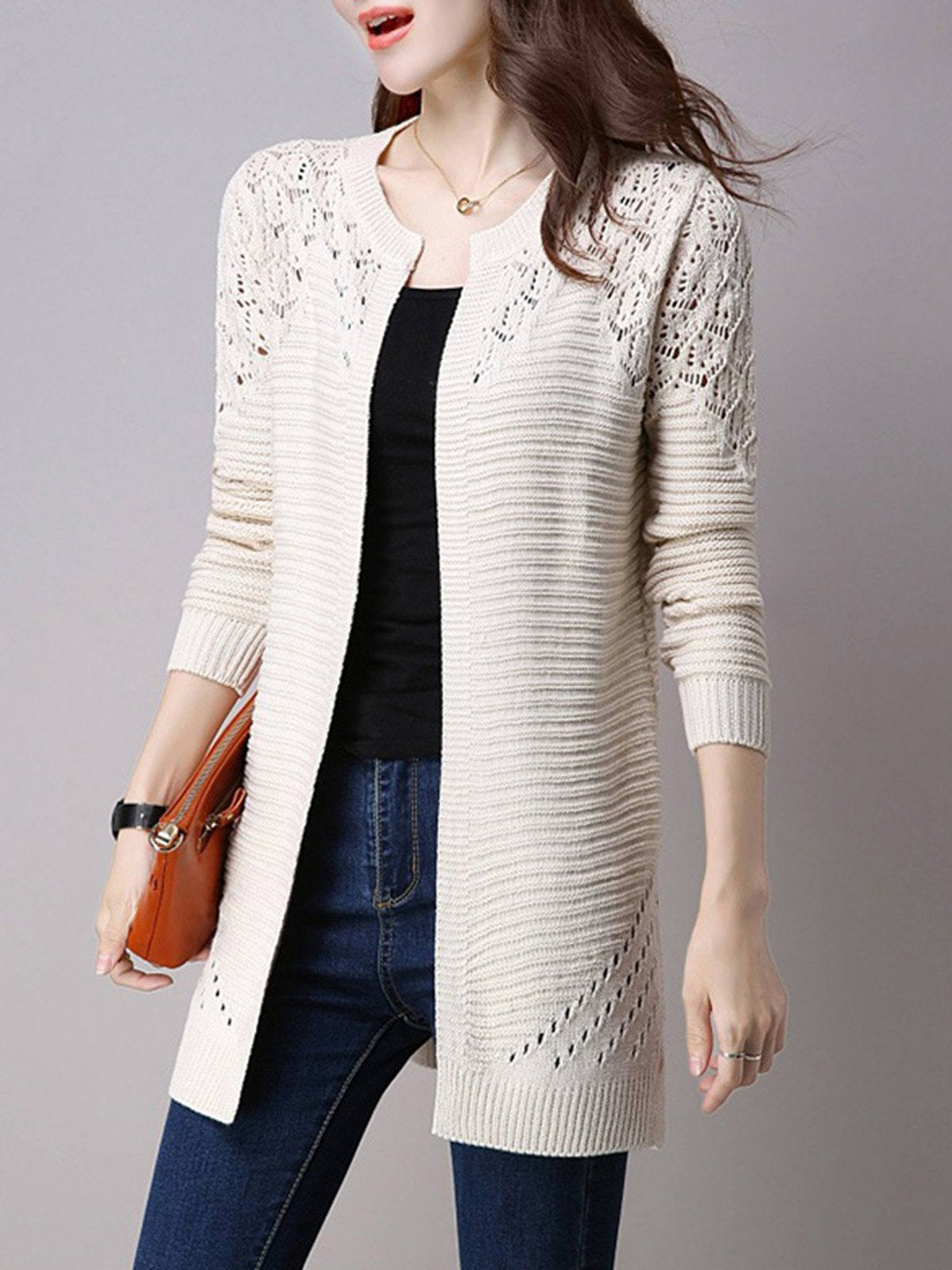Long Sleeve Crocheted H-line Plus Size Knitted Cardigan