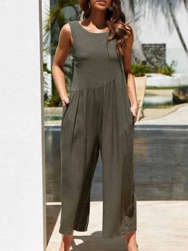 Fashion Pure Colour Sleeveless Vest Jumpsuits