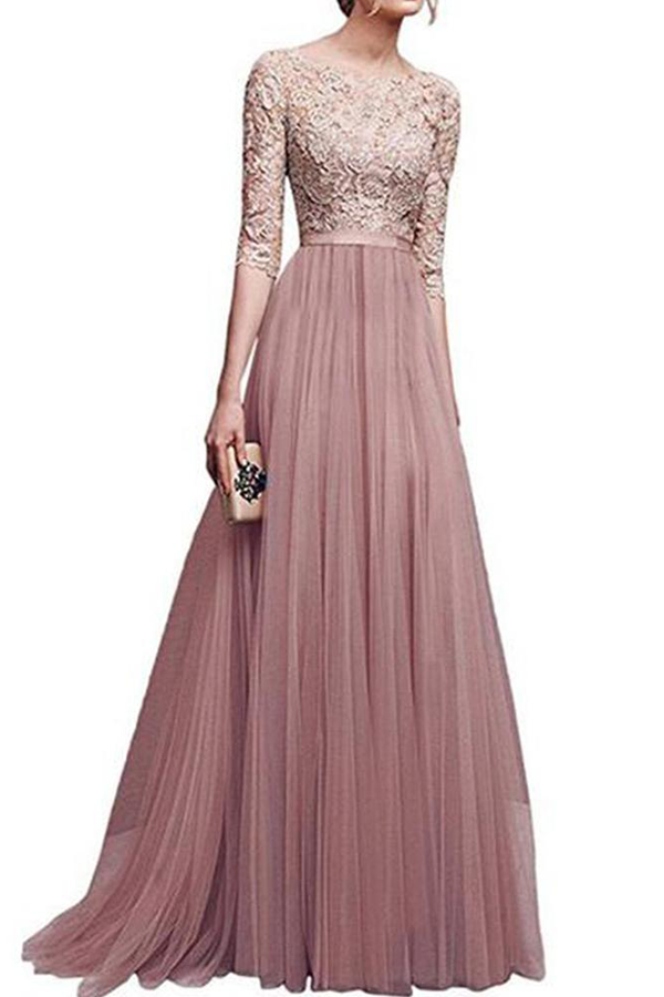 Round Neck Patchwork Plain Evening Dress