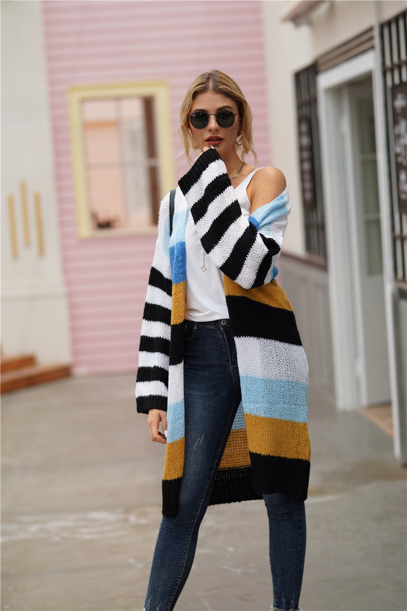 Rainbow Striped Patchwork Sweaters Long Sleeve Knitting Cardigan