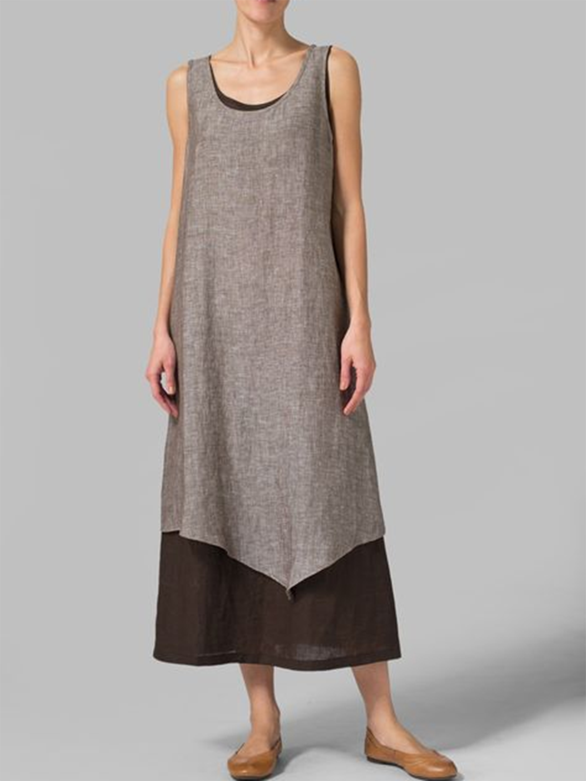 Women Solid Sleeveless Crew Neck A-line Linen Casual Dress