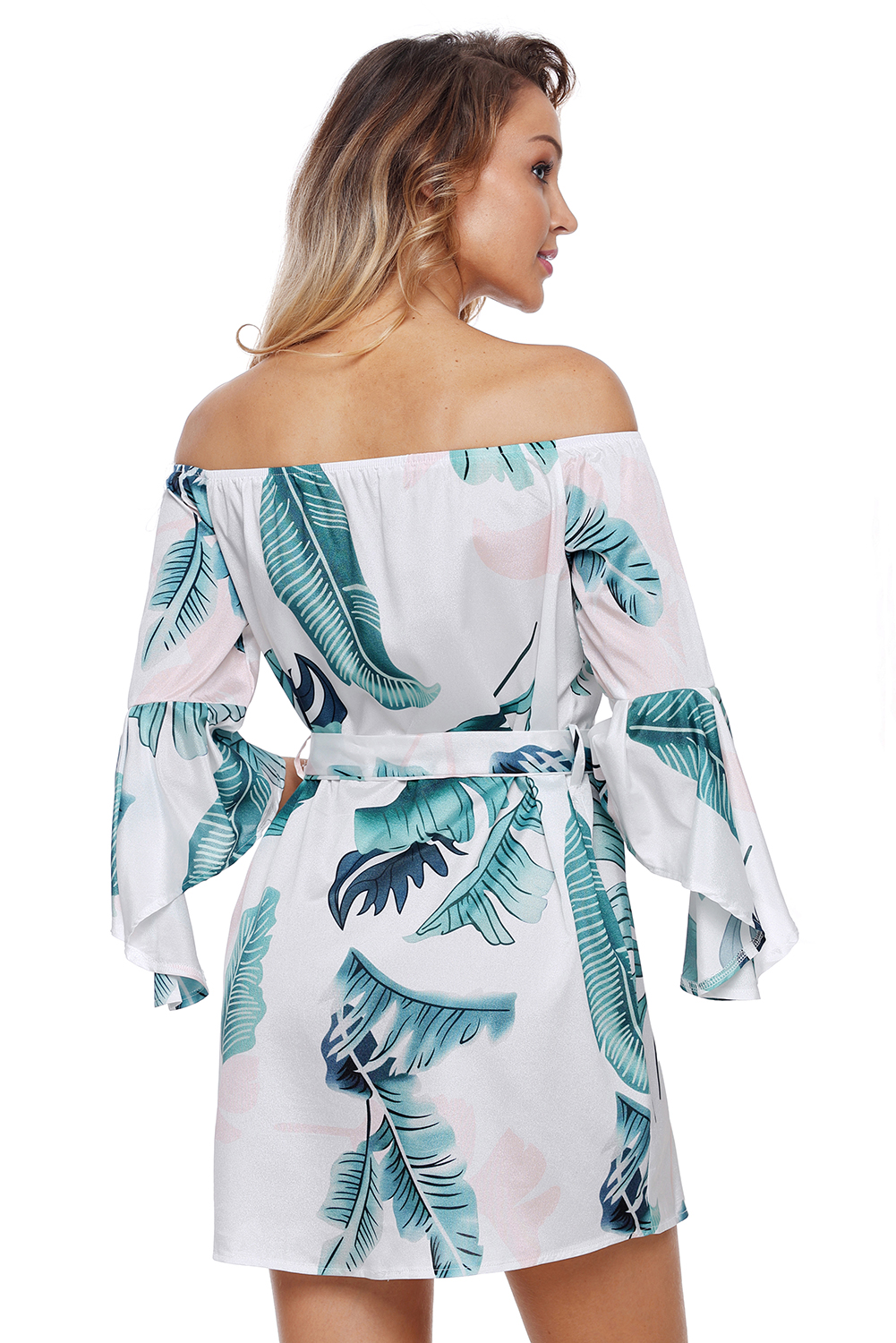 Tropical Leaf Print White Off Shoulder Dress