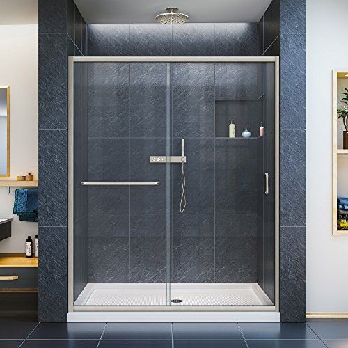 H Semi-Frameless Sliding Shower Door, Clear Glass in Brushed Nickel