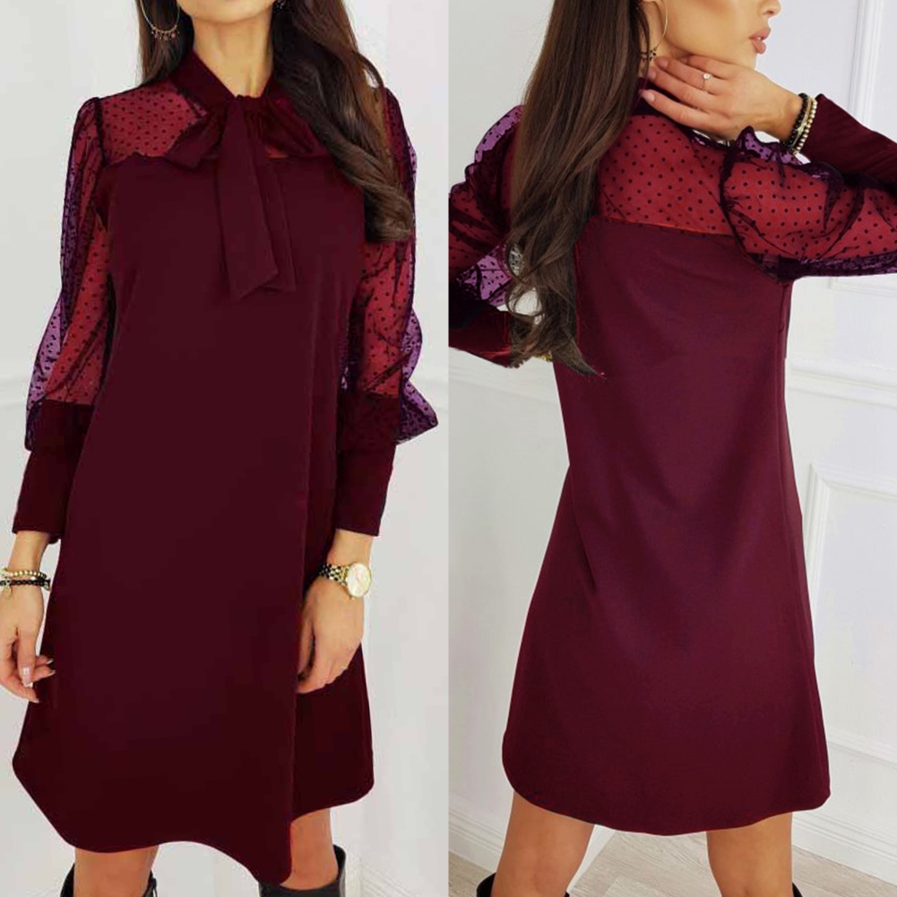 Red Polka Print Long Sleeve A-Line Dress