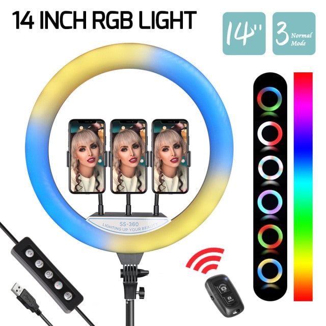 14Inch REB Ring Light With Tripod Stand Bluetooth Selfie LED Lamp Dimmable Photography