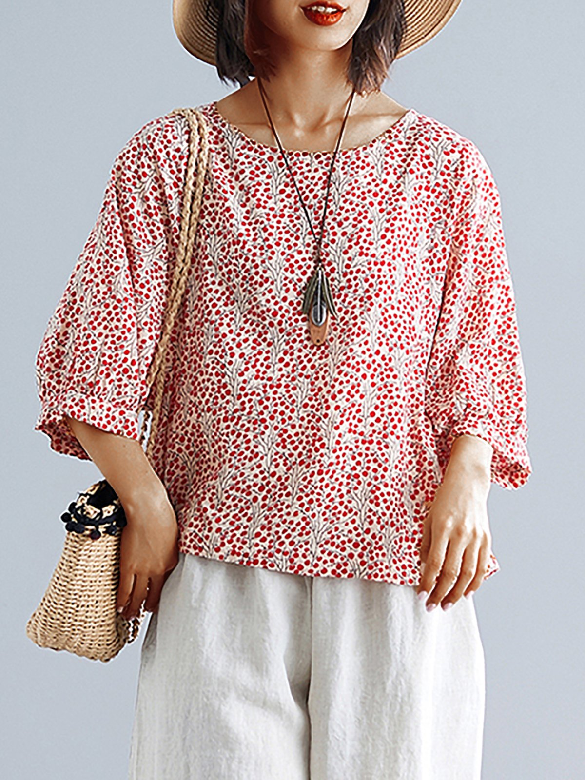 Plus Size Women Floral  Half  Sleeve  Round  Neck Cotton And Linen Loose Casual Top