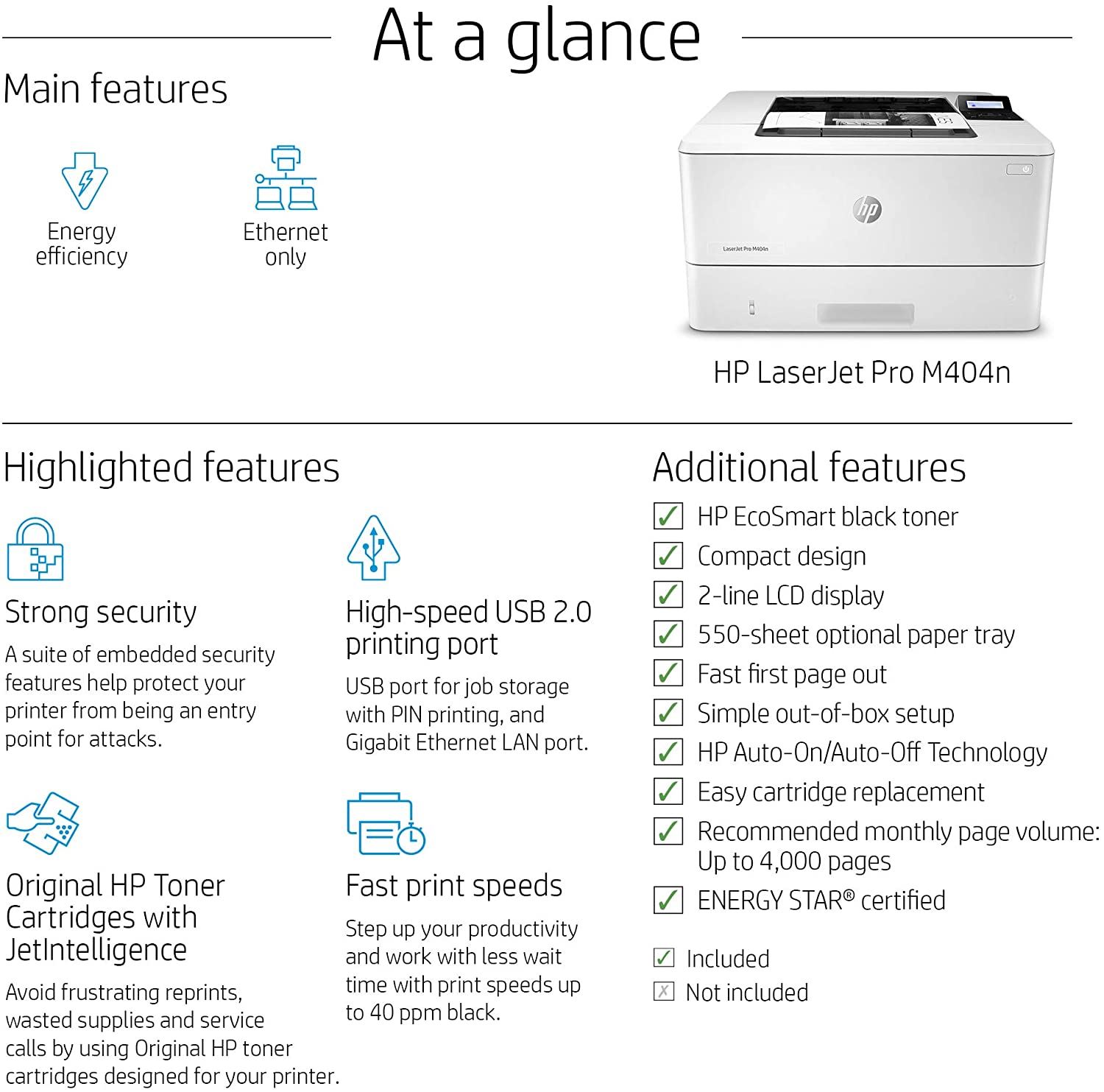 HP LaserJet Pro M404n Laser Printer with Built-in Ethernet & Security Features