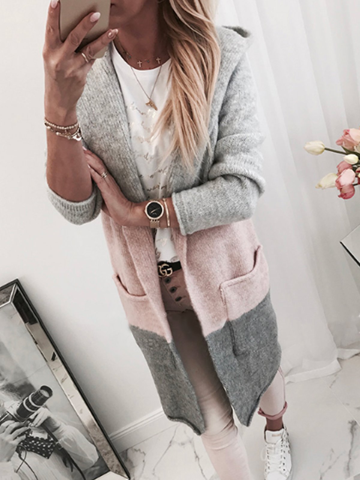 Long Sleeve Hoodie Color-Block Knitted Cardigans