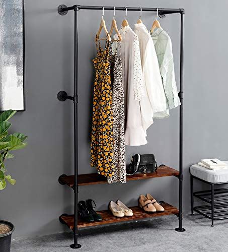 Industrial Pipe Hanging Wall Mounted clothes Rack with Natural Wood Base