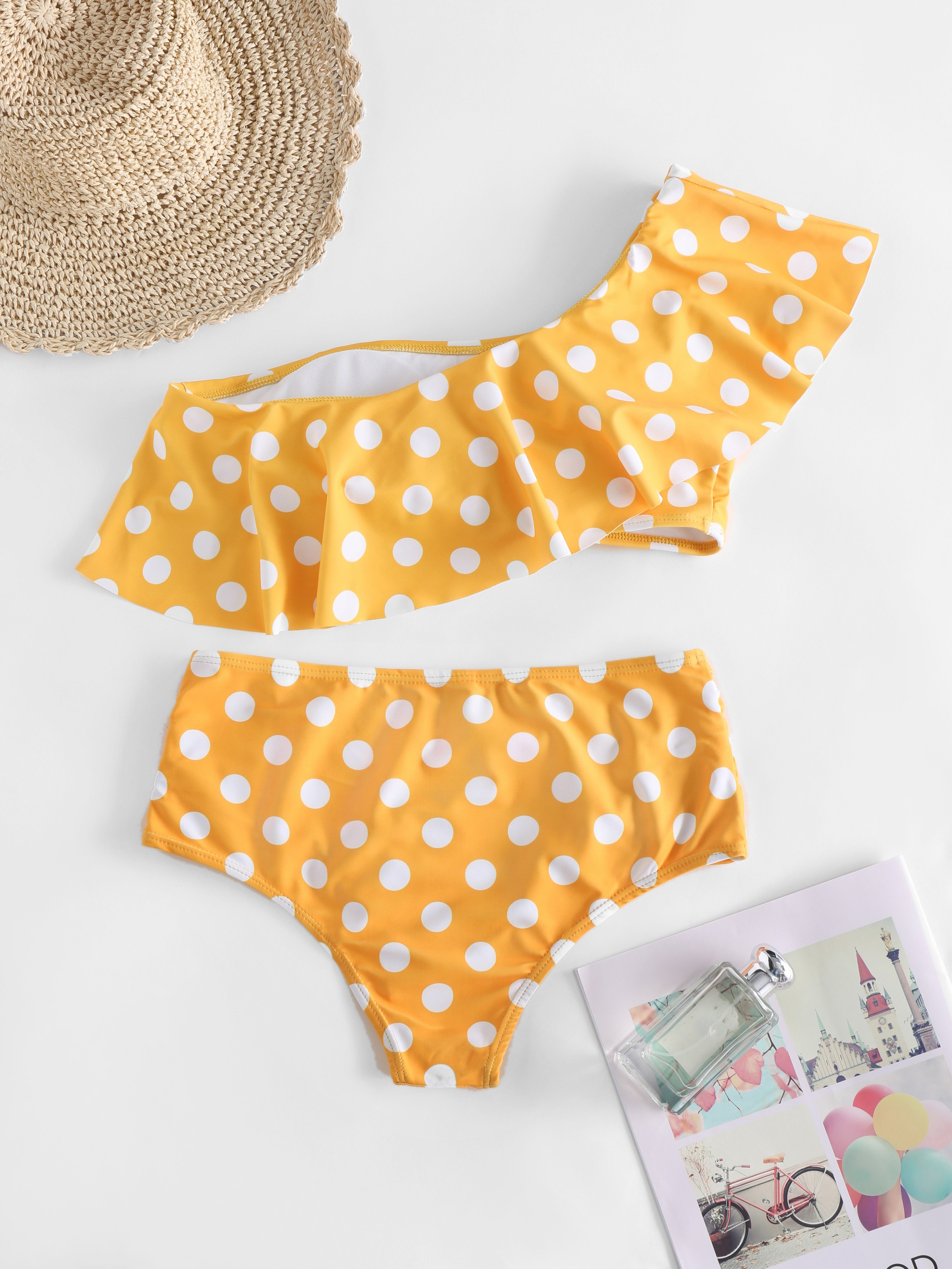 Polka Dot Print One Shoulder Two-Piece Swimsuit