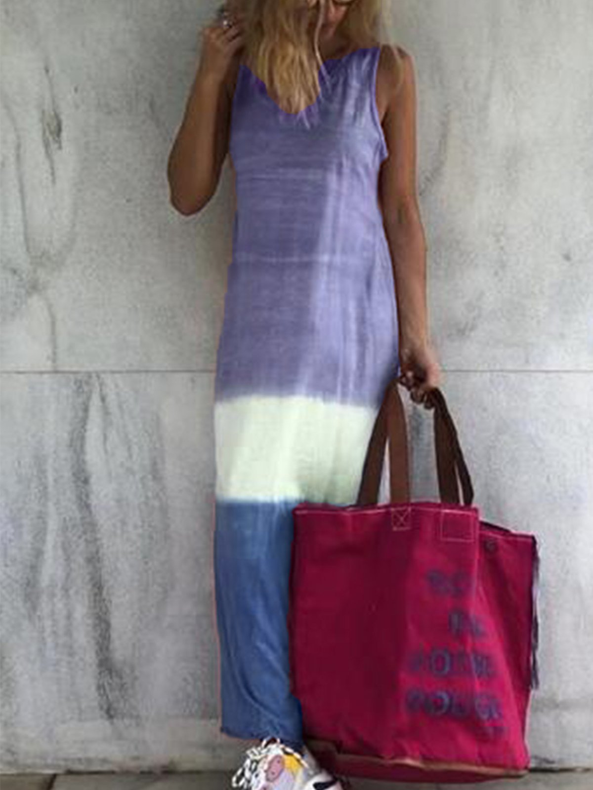 Red Sleeveless Cotton-Blend Color-Block V Neck Dresses