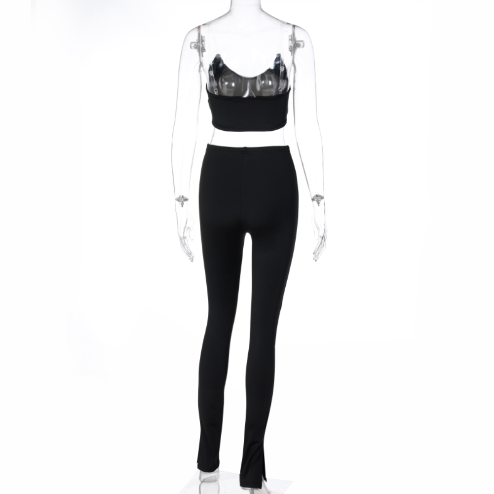 Solid Color Sexy Strap Crop Top and High Waist Pants Set