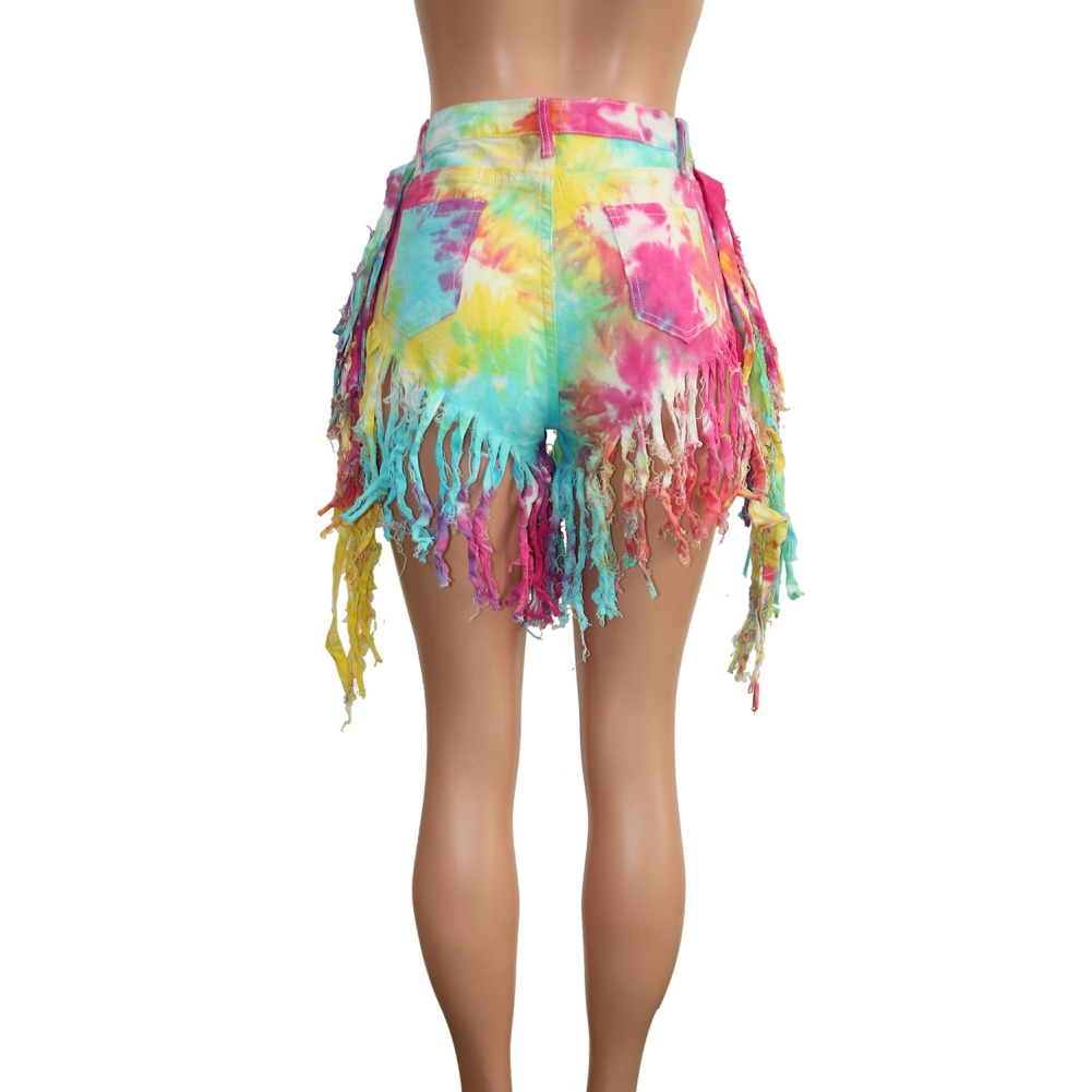 Tie Dye High Waist Tassels Denim Shorts