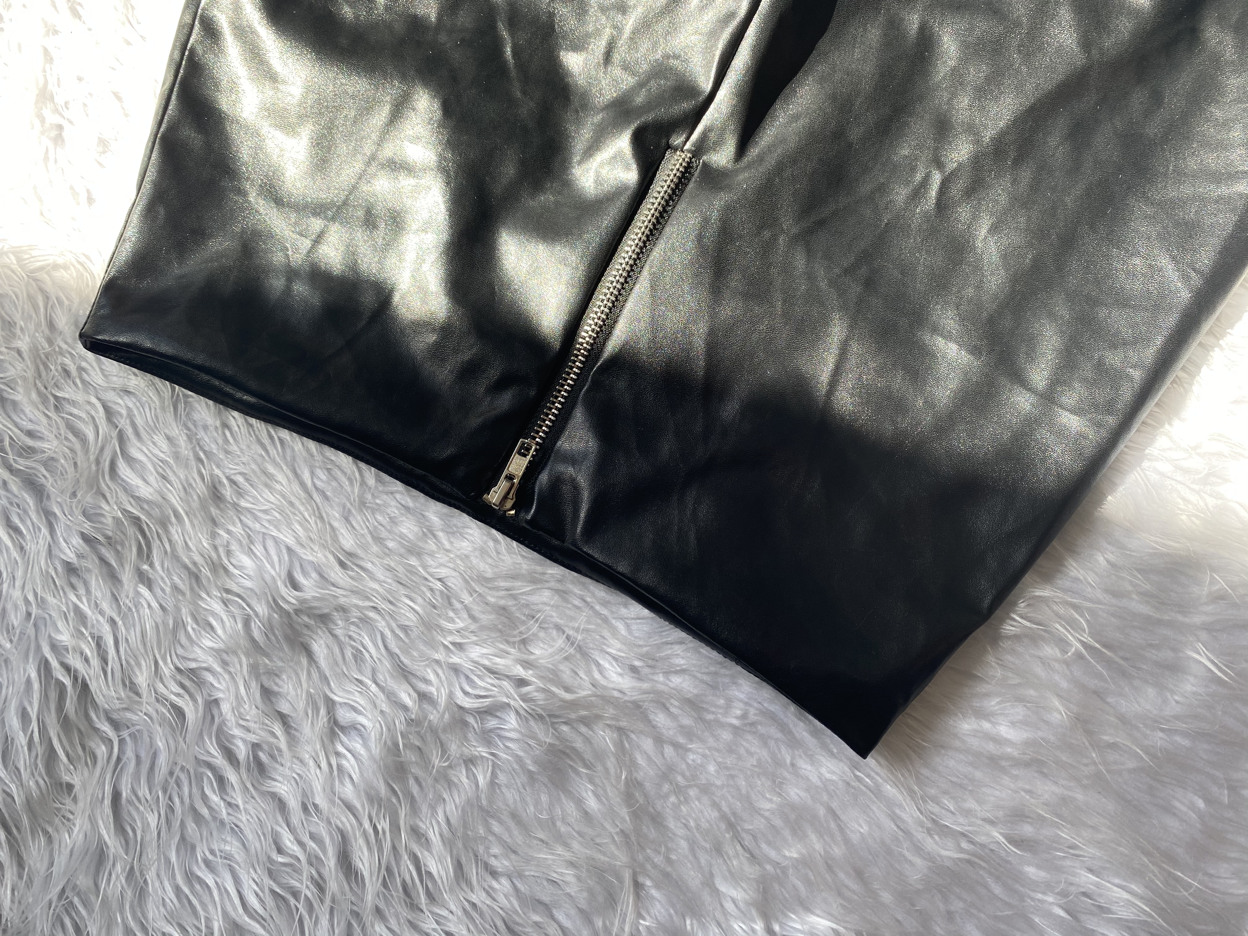 Winter Black Leather Lace-Up Bottom High Waist Wide Trousers