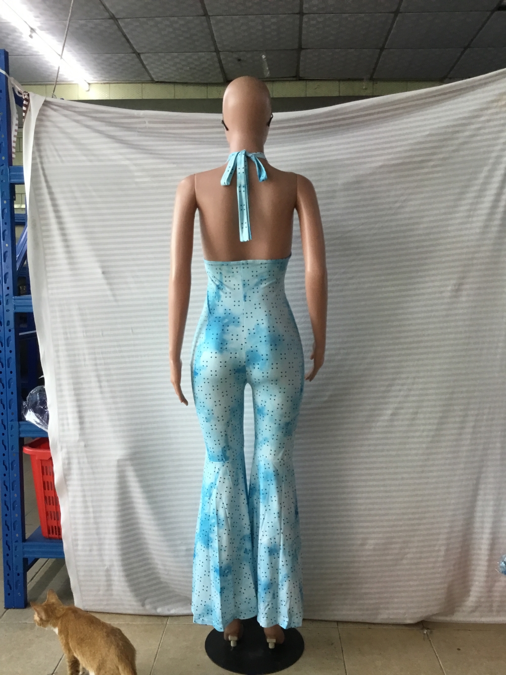 Tie Dye Blue Bell Bottom Halter Jumpsuit