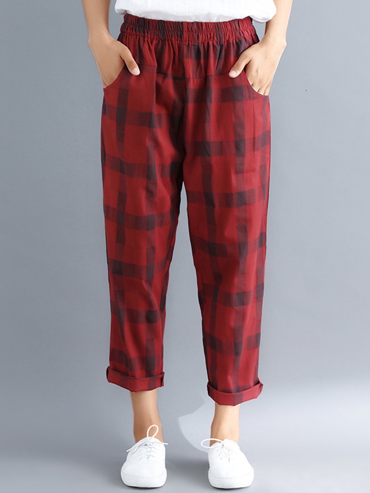 Plus Size Women Plaid Casual Pants