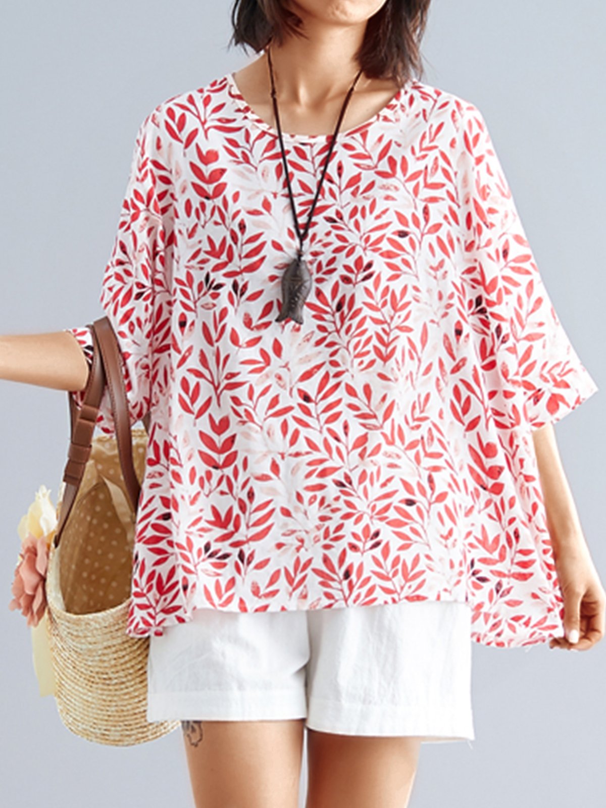 Plus Size Women Short Sleeve Round Neck Vintage Floral Casual Tops