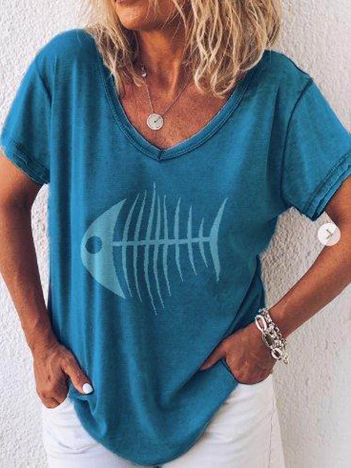 Round Neck Casual Cotton-Blend Shirts & Tops