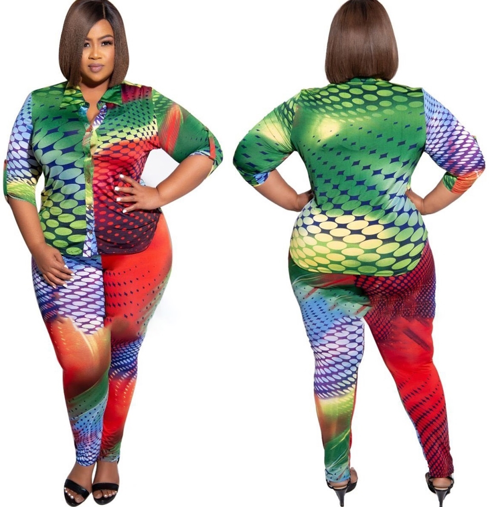 Plus Size Matching Colorful Blouse and Pants Set