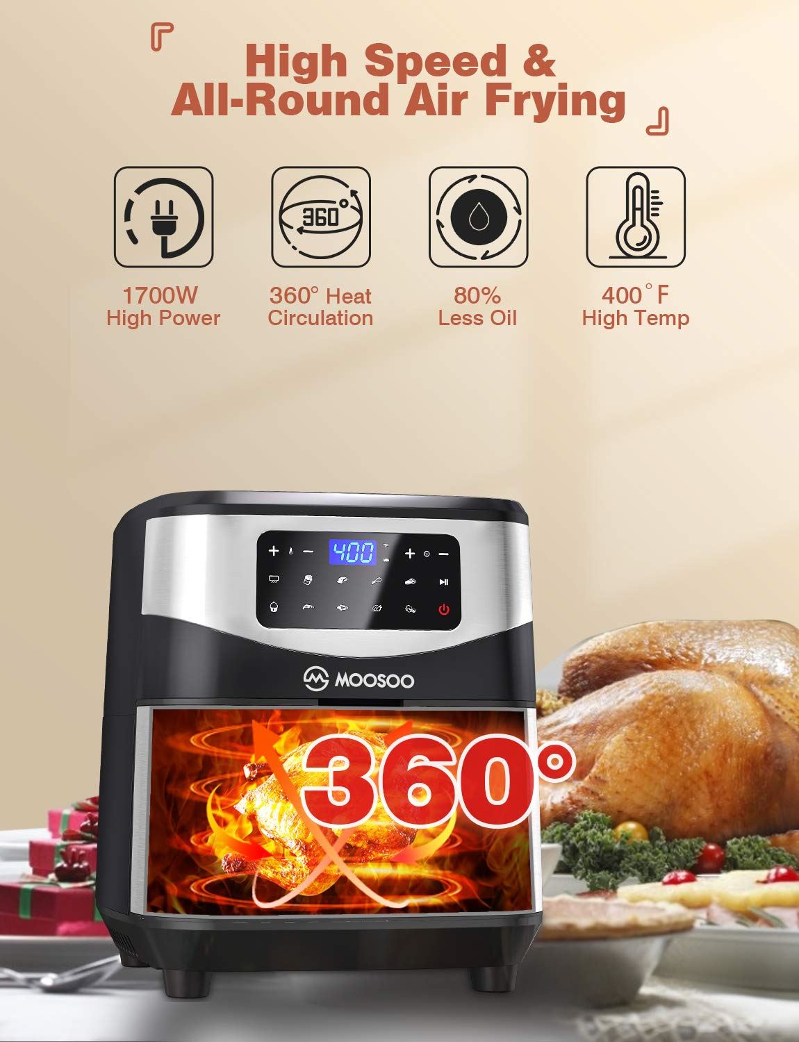 Air Fryer 7.4 QT XL Capacity, 10-in-1 Electric Air Fryers Oven, 1700W Stainless Steel Airfryer with Digital Screen