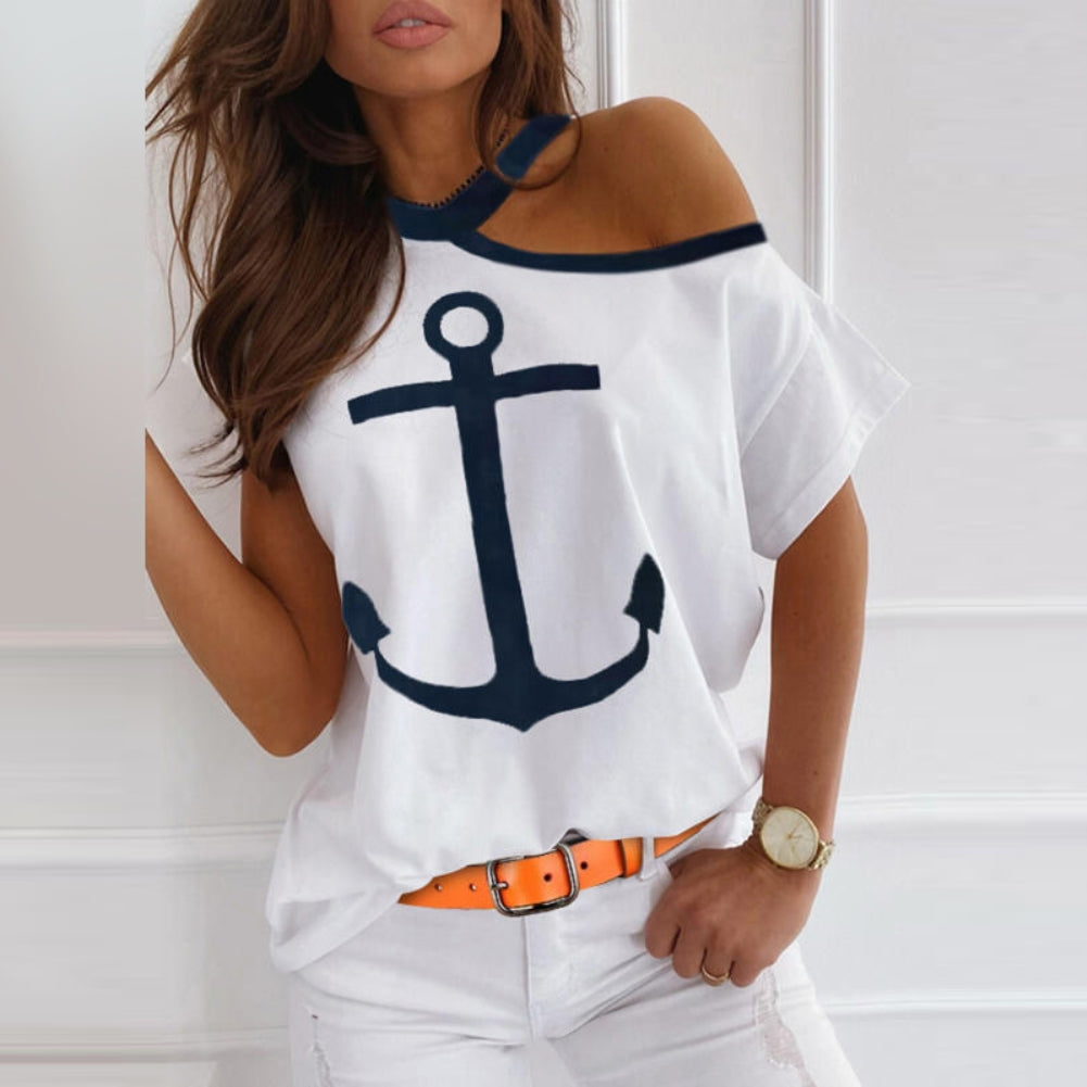 Summer Print O Neck Irregular Shirt