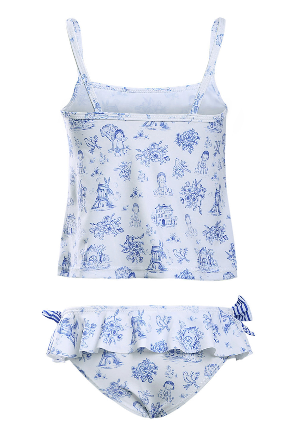 Blue Toile Pattern Little Girls Swimsuit
