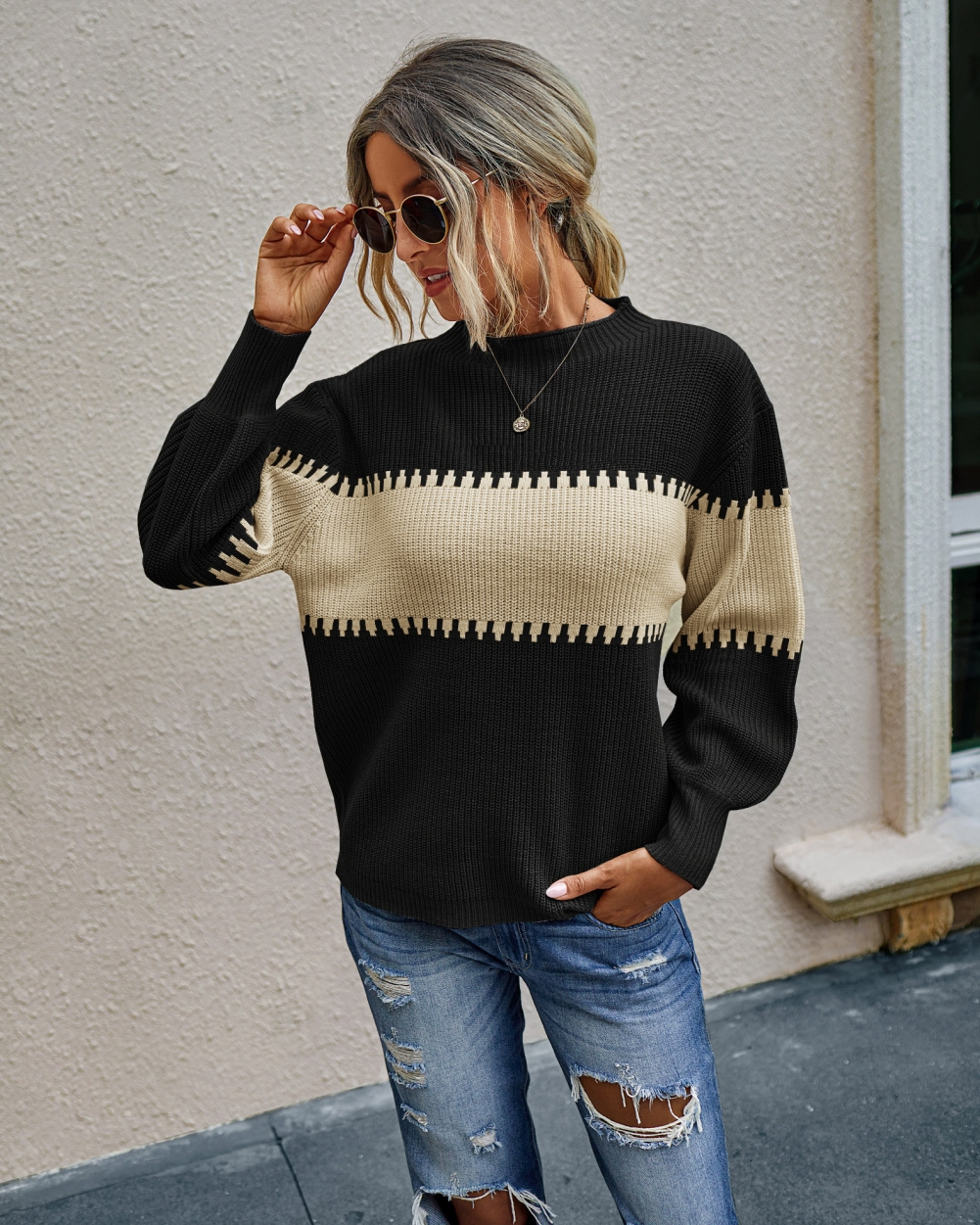 Autumn Contrast Regular Pullover Sweater