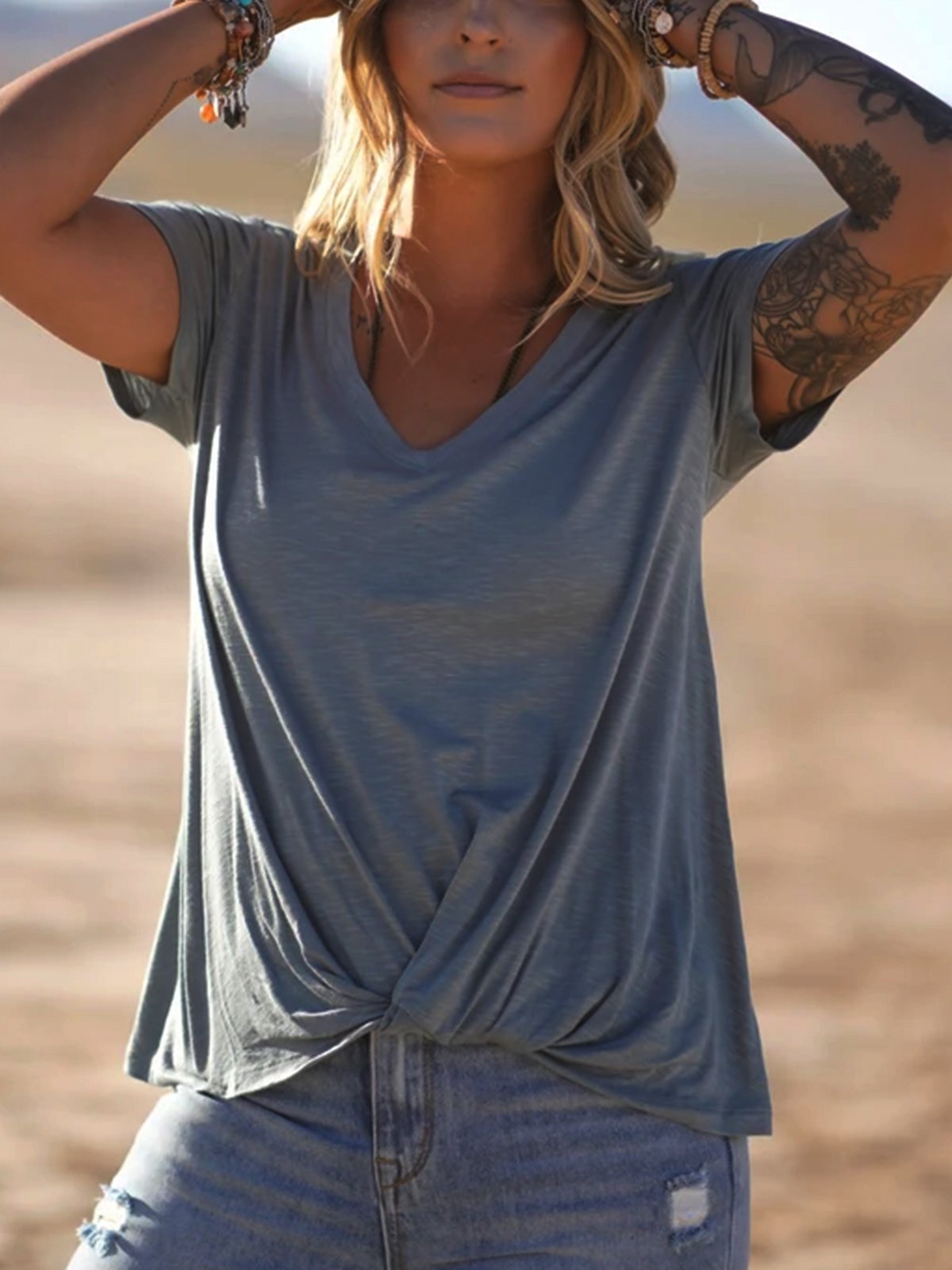 Casual Western-style hem twisted cotton-blend Vintage Shift shirt and top