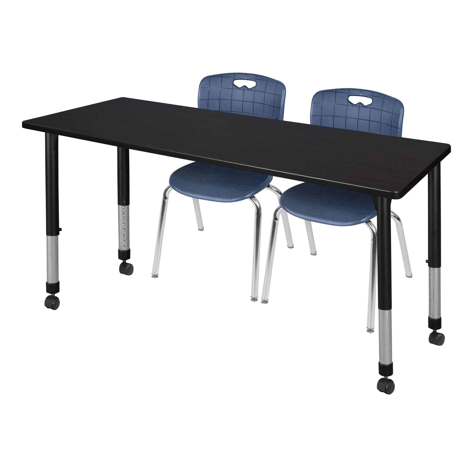 Regency Kee 60x22 x 30x22 Height Adjustable Mobile Classroom Table - Mocha Walnut 2 Andy 18-in Stack Chairs- Navy Blue