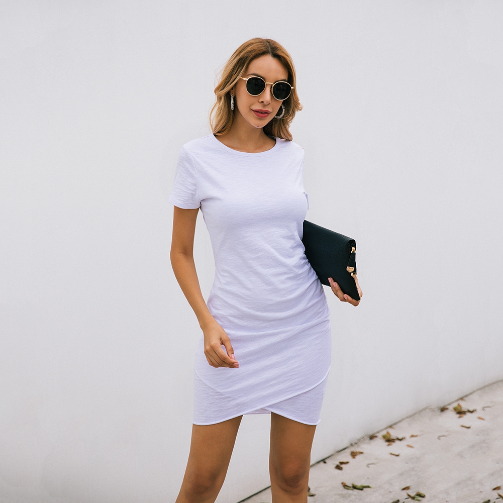 Summer Plain Round Neck Wrapped Shirt Dress