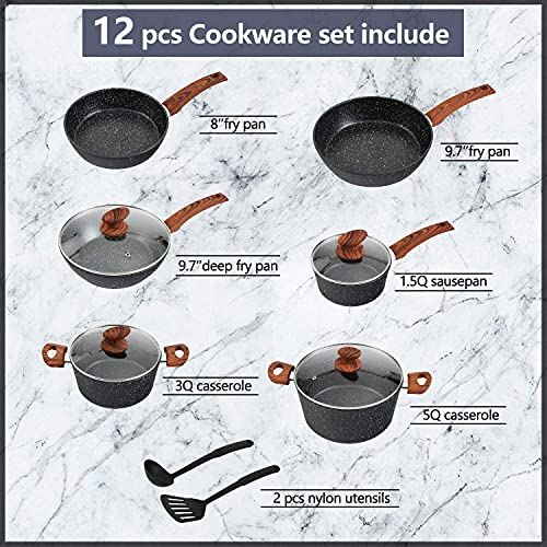 Kitchen Cookware Sets Nonstick �C Granite Hammered Pan Set 12 Piece