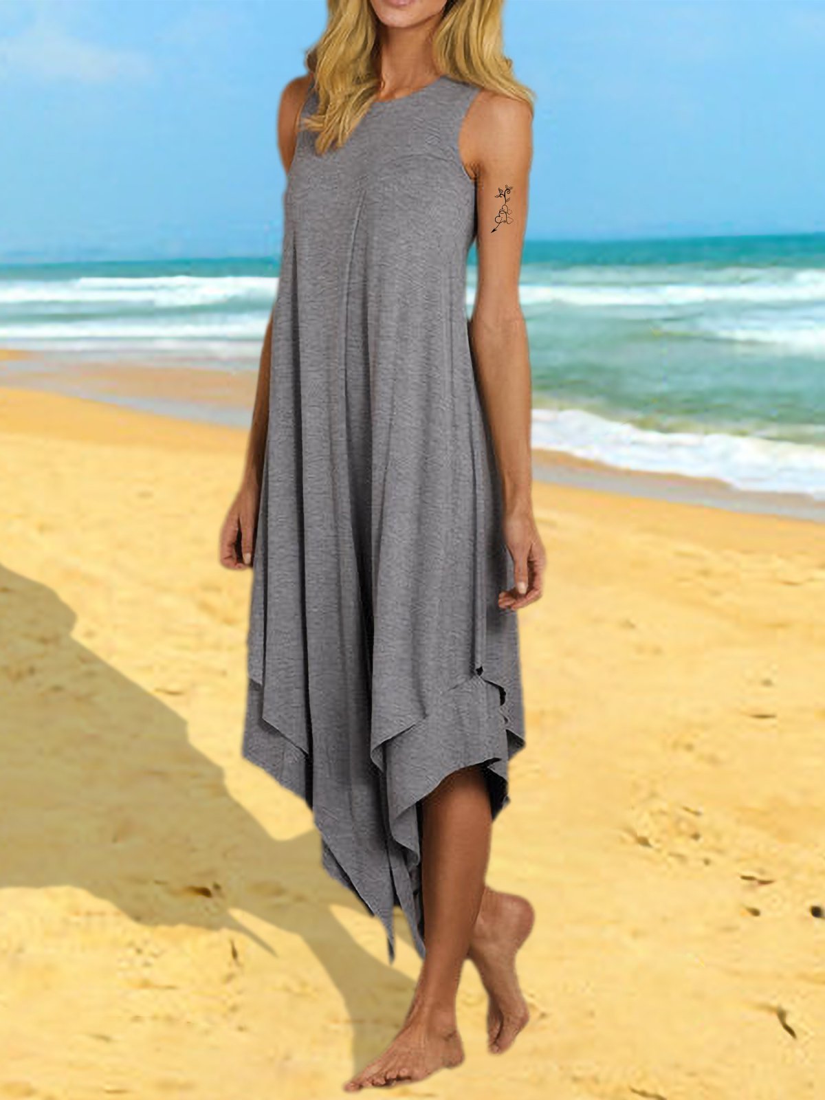 Crew Neck Women Summer Dress Swing Midi Dress