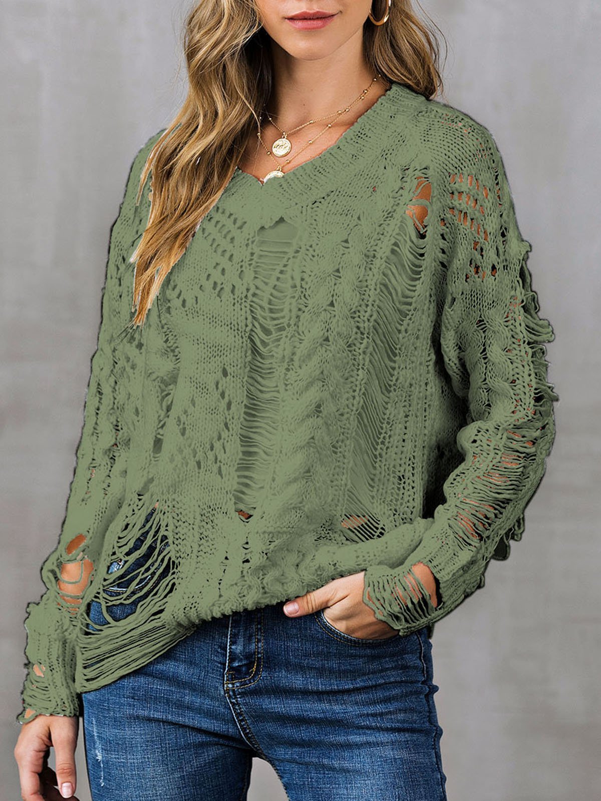 V Neck Casual Long Sleeve Ripped Sweaters
