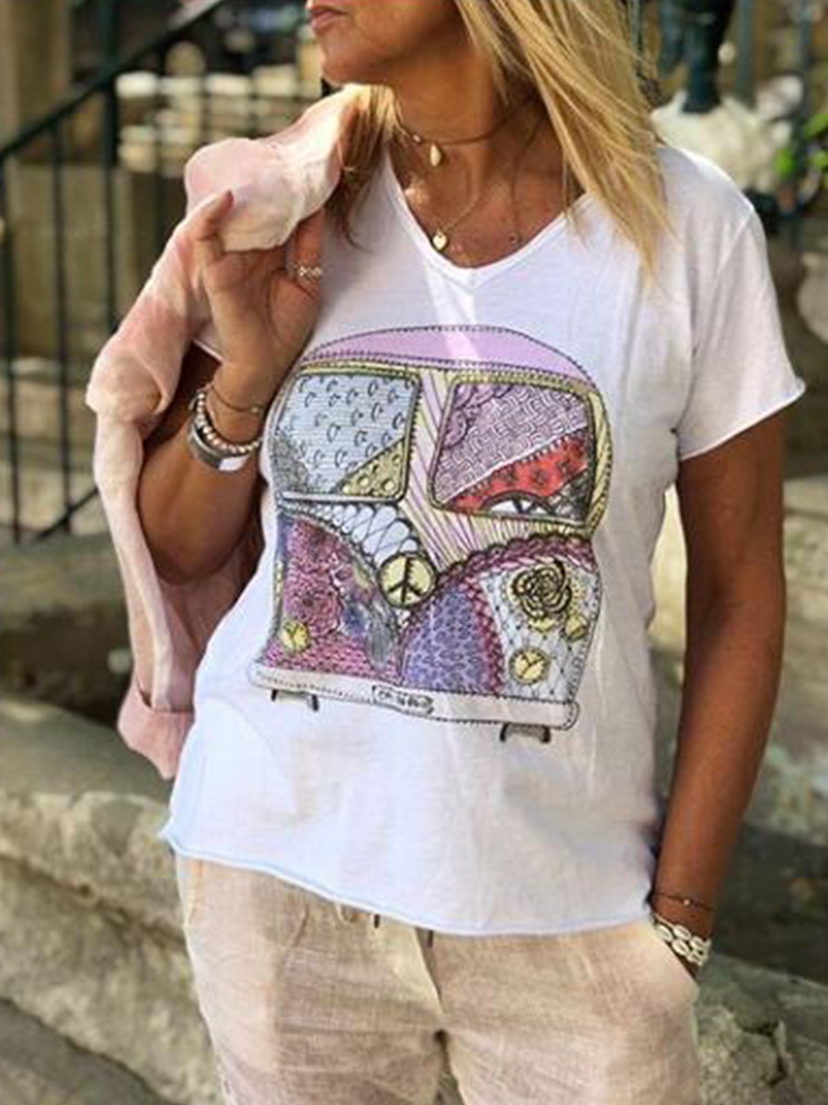 White Short Sleeve Casual Printed Shirts & Tops