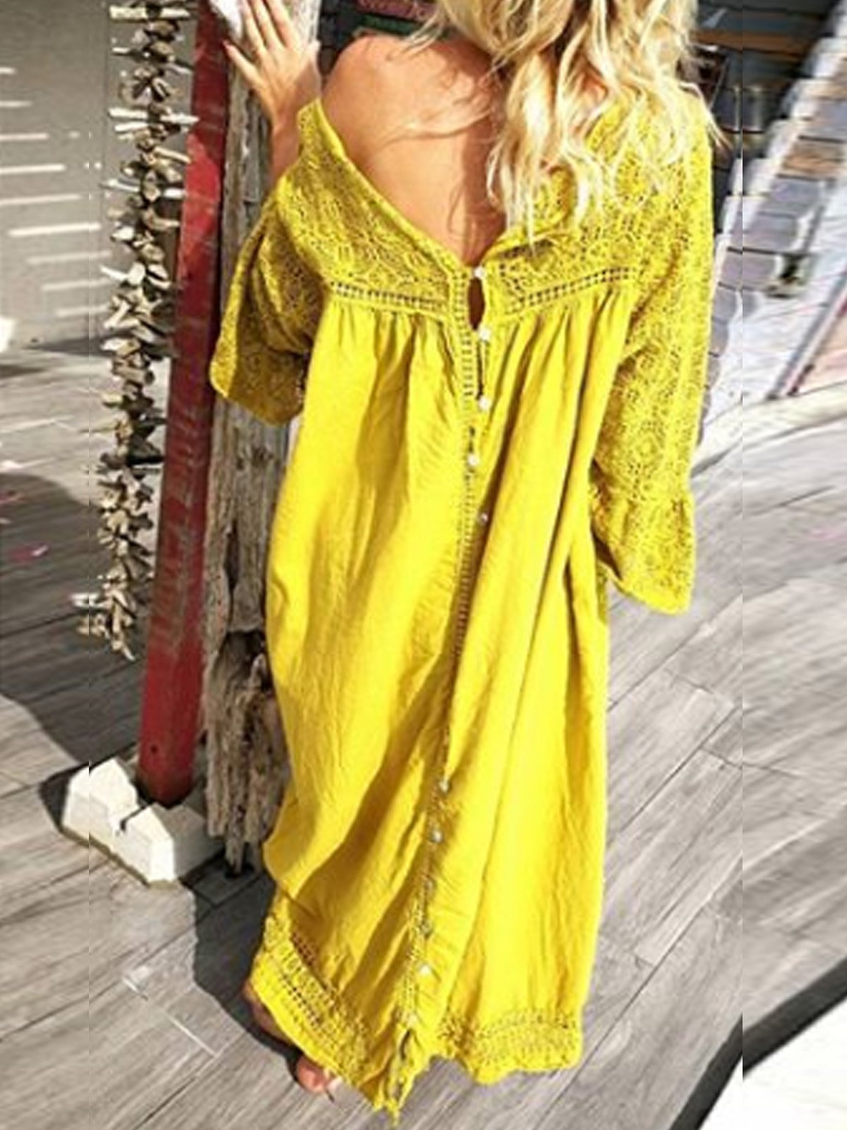 Yellow Cotton-Blend Casual V Neck Big Hem Dress Dresses