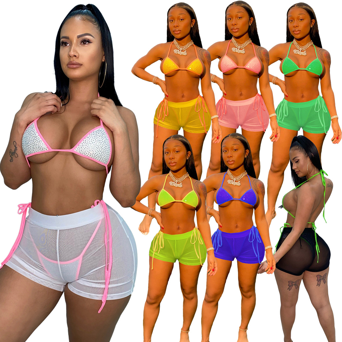 Hot diamond sexy mesh beach bikini set three-piece suit LML213