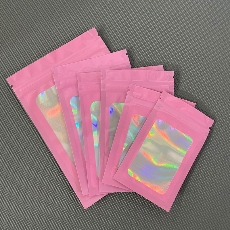 Laser Rainbow plastic zipper bag makeup brush holographic Packing bags clear Mylar pouch Holographic Packaging Bag
