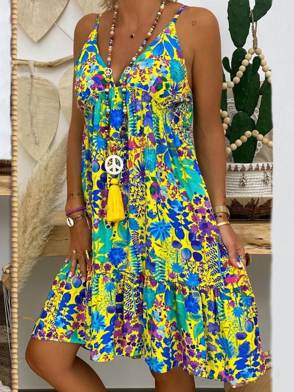 Spaghetti Floral-print Casual Dresses